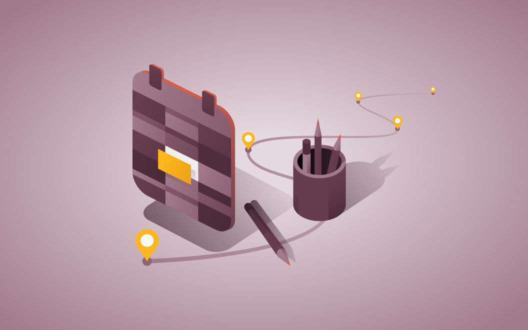 Graphic illustration of a calendar and a cup of pencils hovering above the line of a roadmap