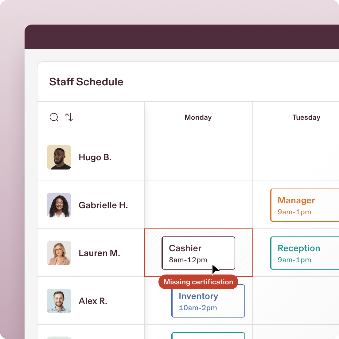 Screenshot of a staff schedule in Rippling with a cursor clicking on a shift