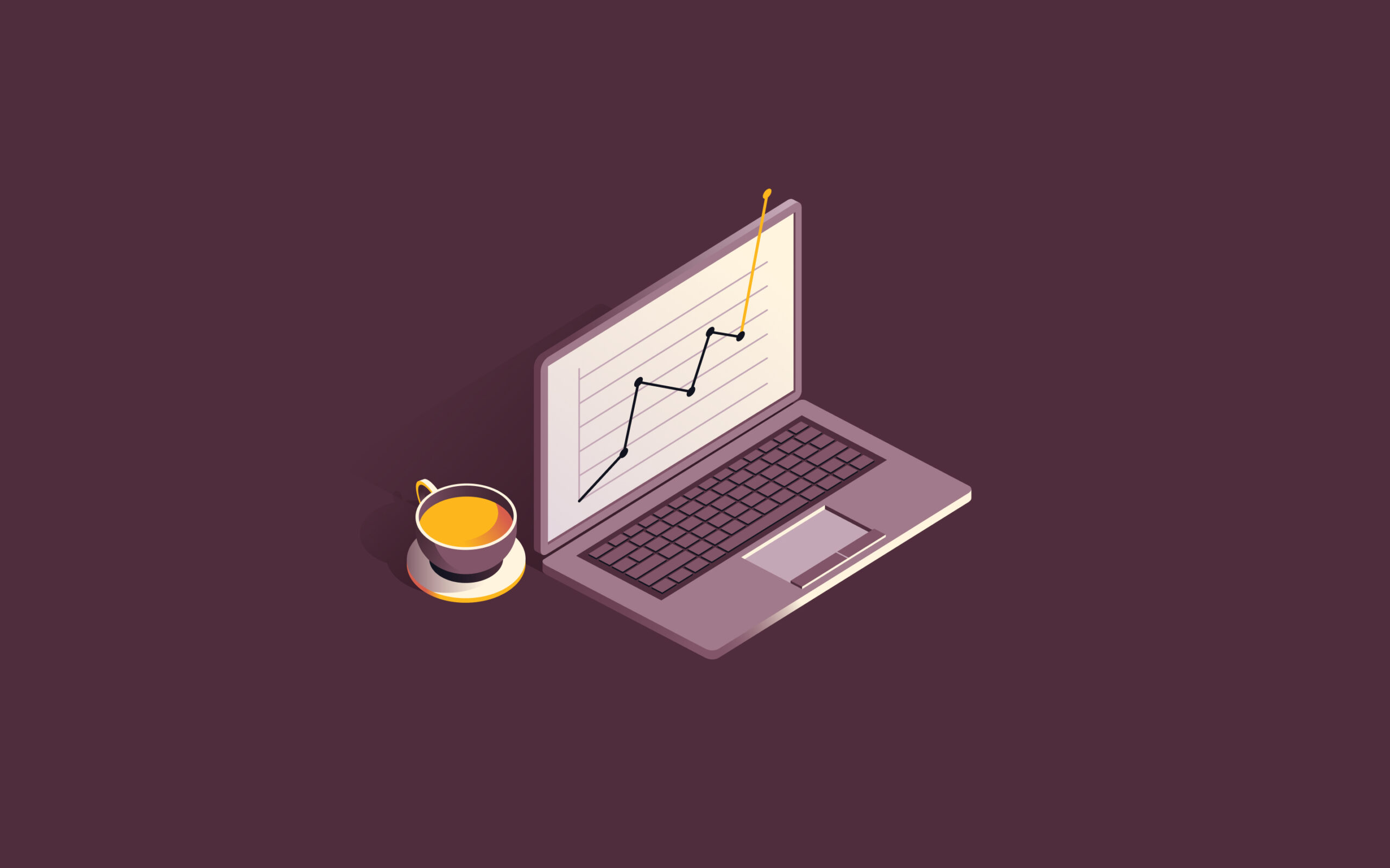 A laptop with a graph on it, with a cup of coffee to the left. 
