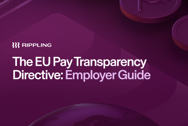 Purple banner with Rippling logo and "The EU Pay Transparency Directive: Employer Guide" title text.