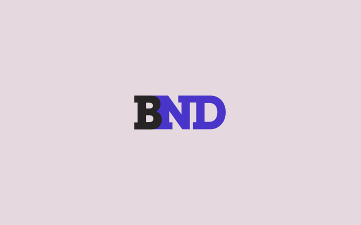 Logo von BND mit schwarzen und lila Buchstaben auf rosa Hintergrund.