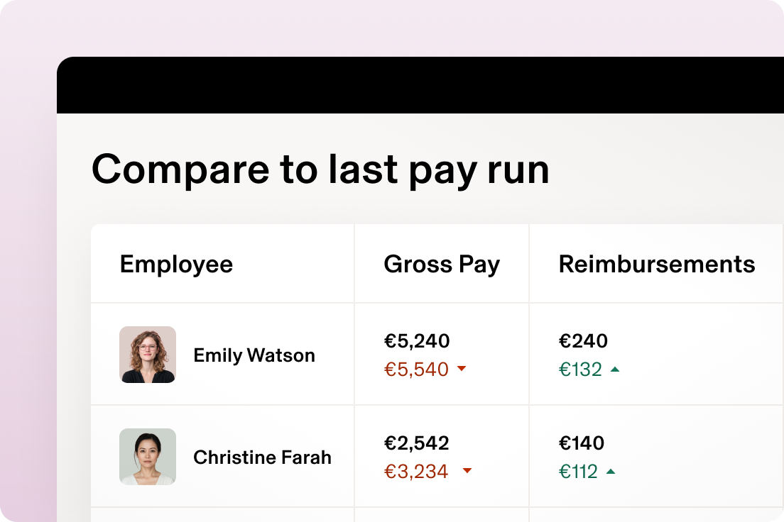 Screenshot of a list of employees and their gross pay titled "Compare to last pay run"