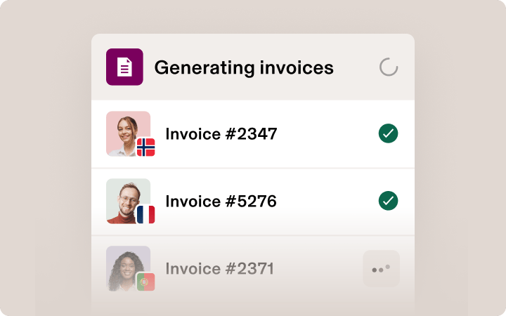 Mobile app interface showing invoice generation with three customer entries from Norway, France, and Portugal with completion status.
