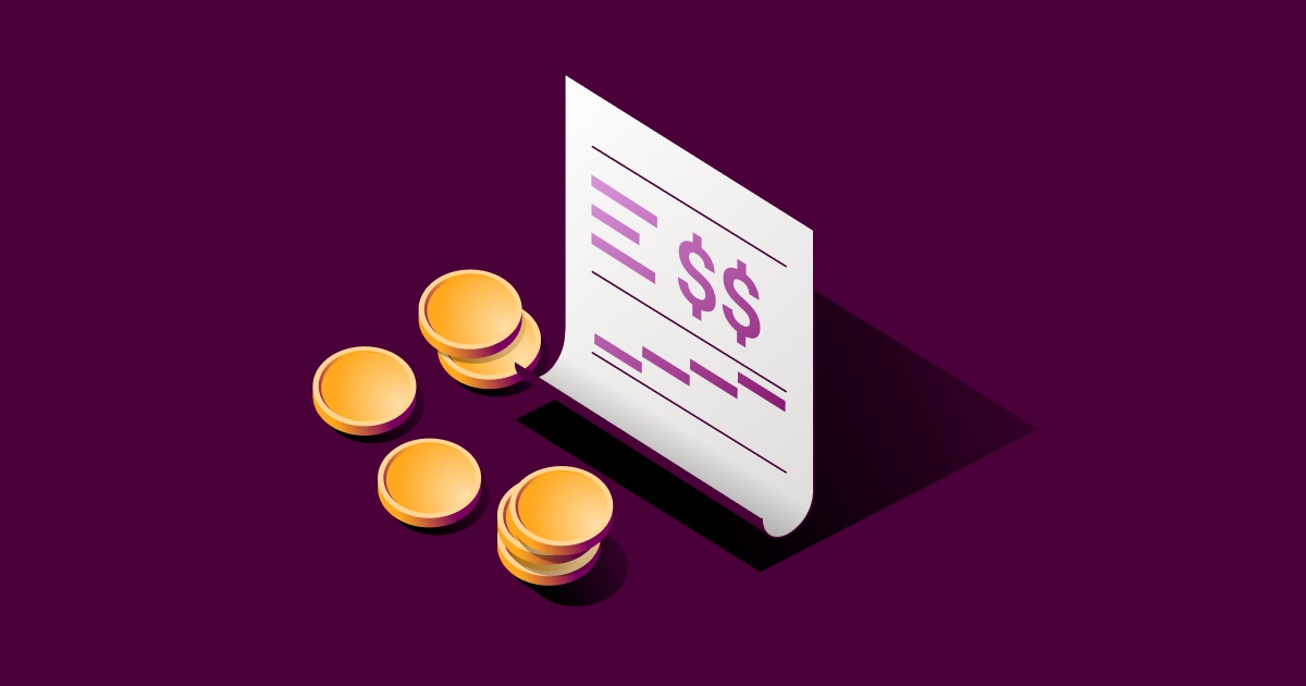 Isometric illustration of gold coins next to a financial document with dollar signs on a deep purple background.