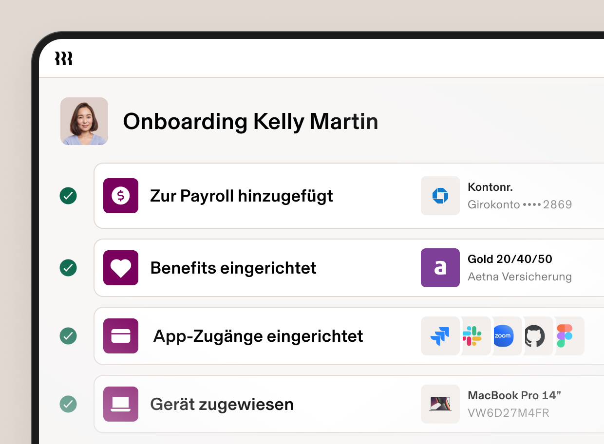 Illustration of the employee onboarding process with steps such as "Added to payroll," "Training assigned," "Enrolled in benefits," and "Device assigned"