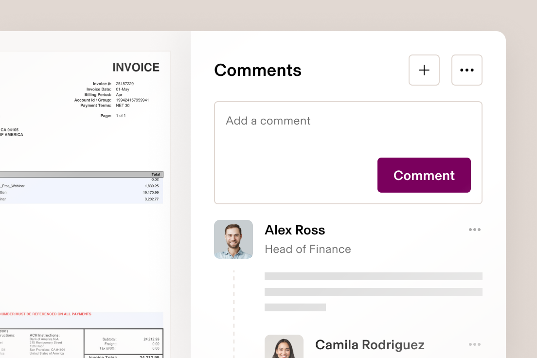 Invoice interface showing comments section with "Add a comment" field and purple Comment button, displaying team member profiles.