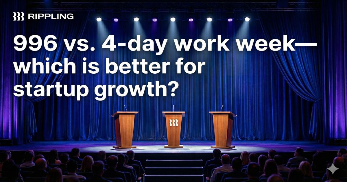 An image with a stage, three tribunes and a text saying "966 vs 4-day work week – which is better for startup growth?"