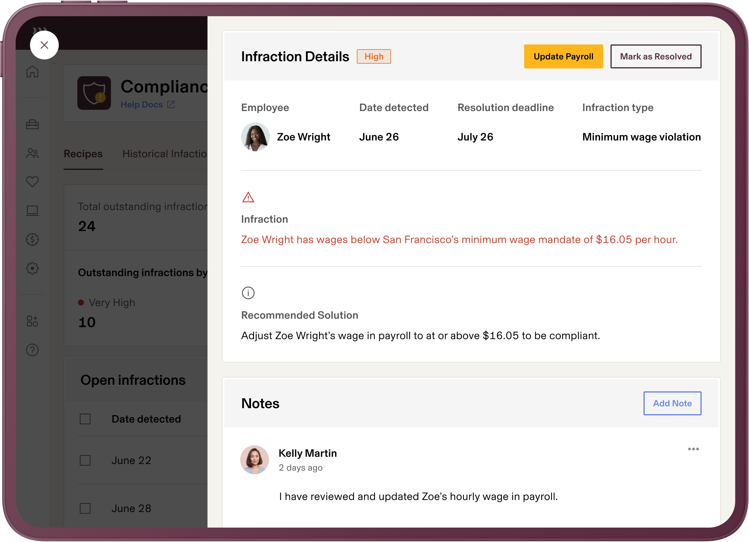 A screenshot of an infraction details report flagging a minimum wage violation in Rippling Compliance 360 on a tablet