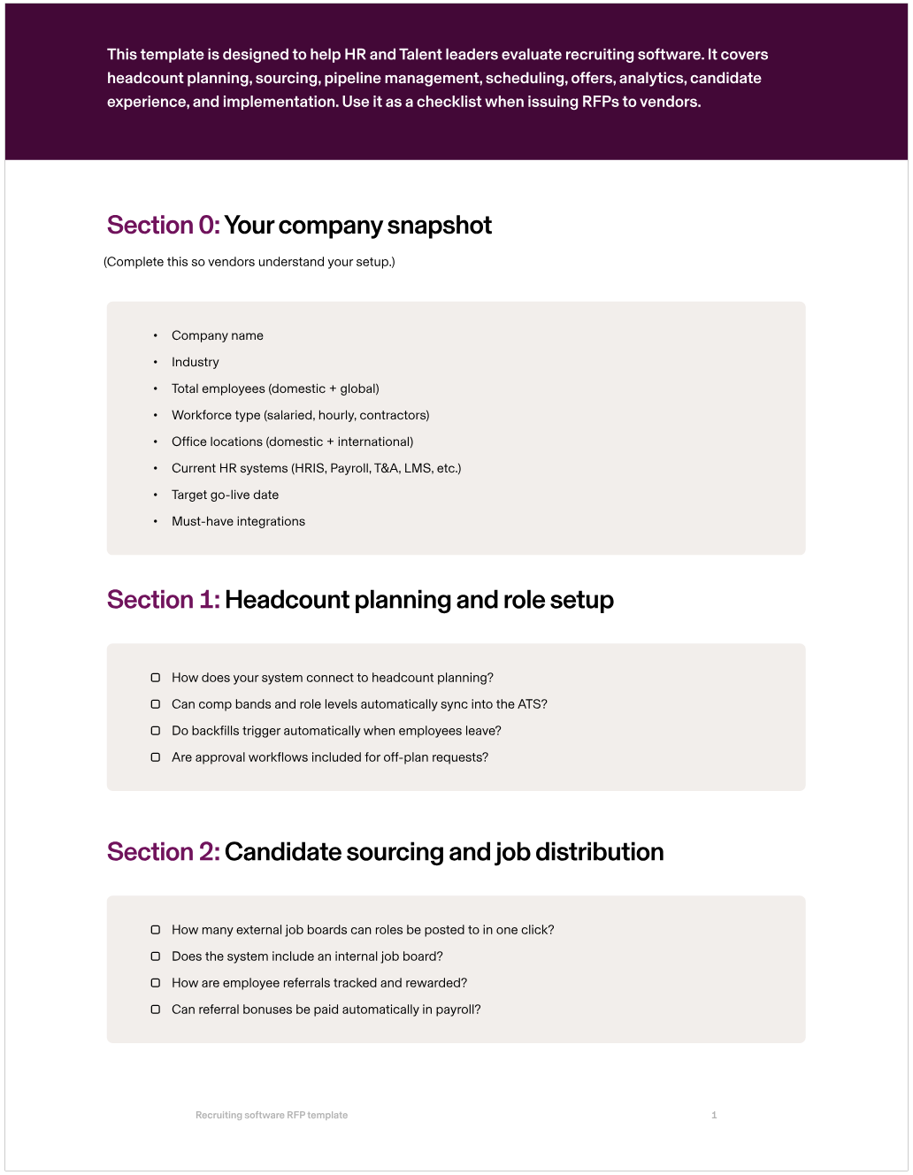 Preview of Rippling's comprehensive recruiting software RFP template.