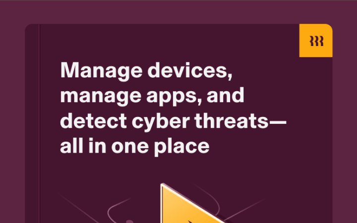 Purple banner with white text promoting unified device and app management with cybersecurity features, orange logo.