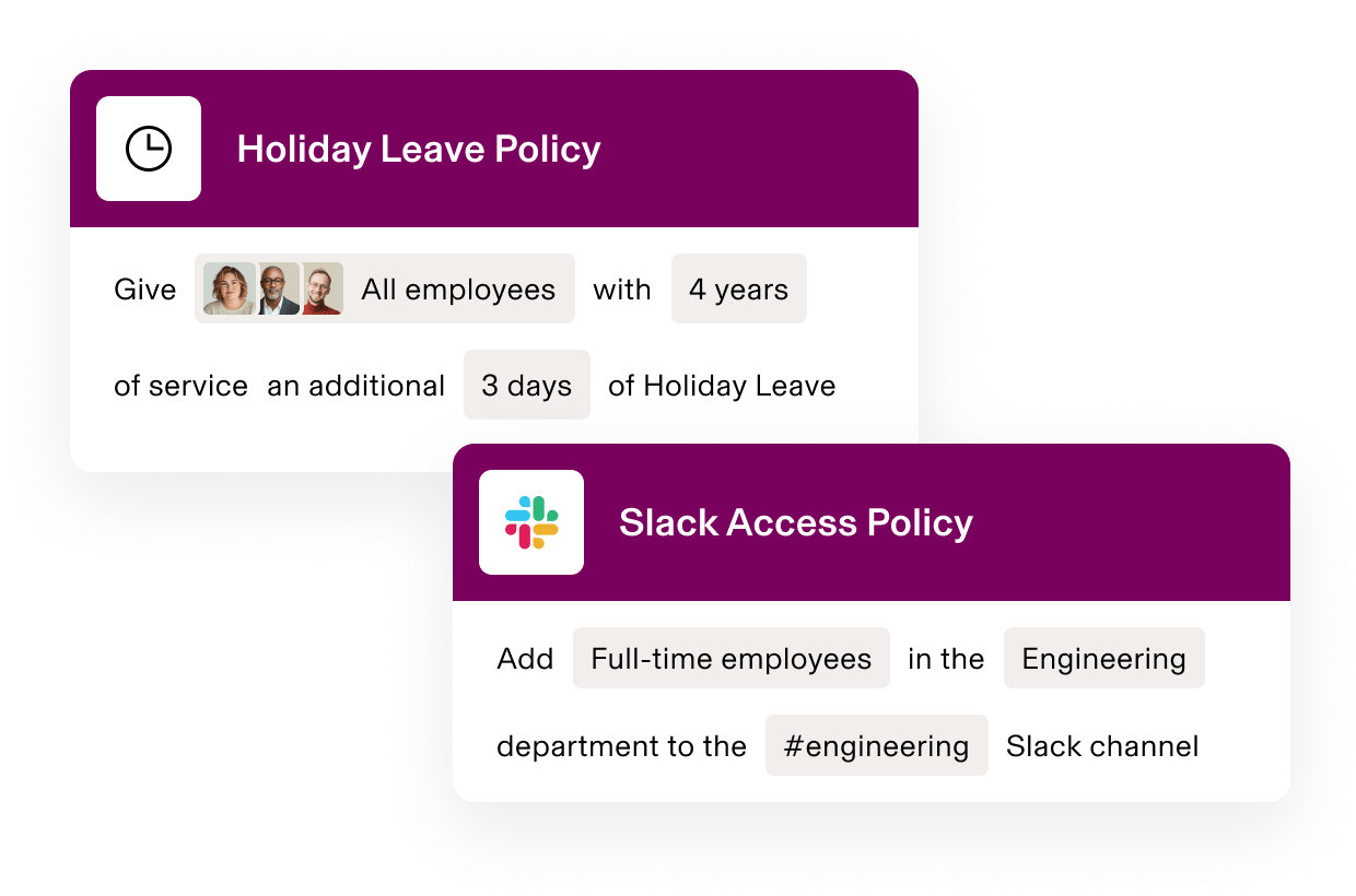 HR policy interface showing Paid Time Off policy for employees with 4 years’ length of service and Slack access policy for Engineering department.