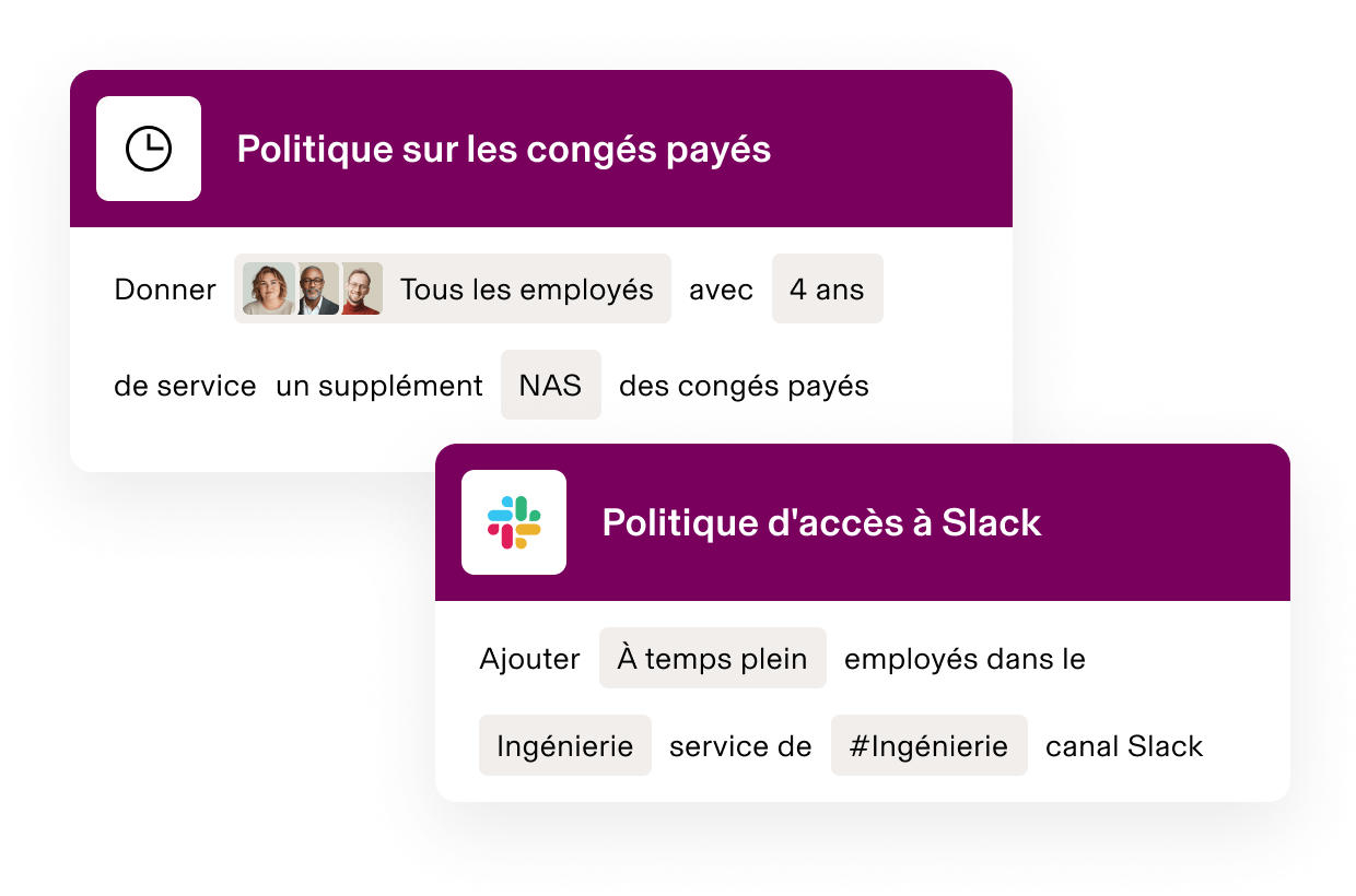 Interface de la politique des RH présentant la politique des congés rémunérés pour les employés dont la durée d’emploi est de 4 ans et la politique d’accès à Slack pour le service Ingénierie.