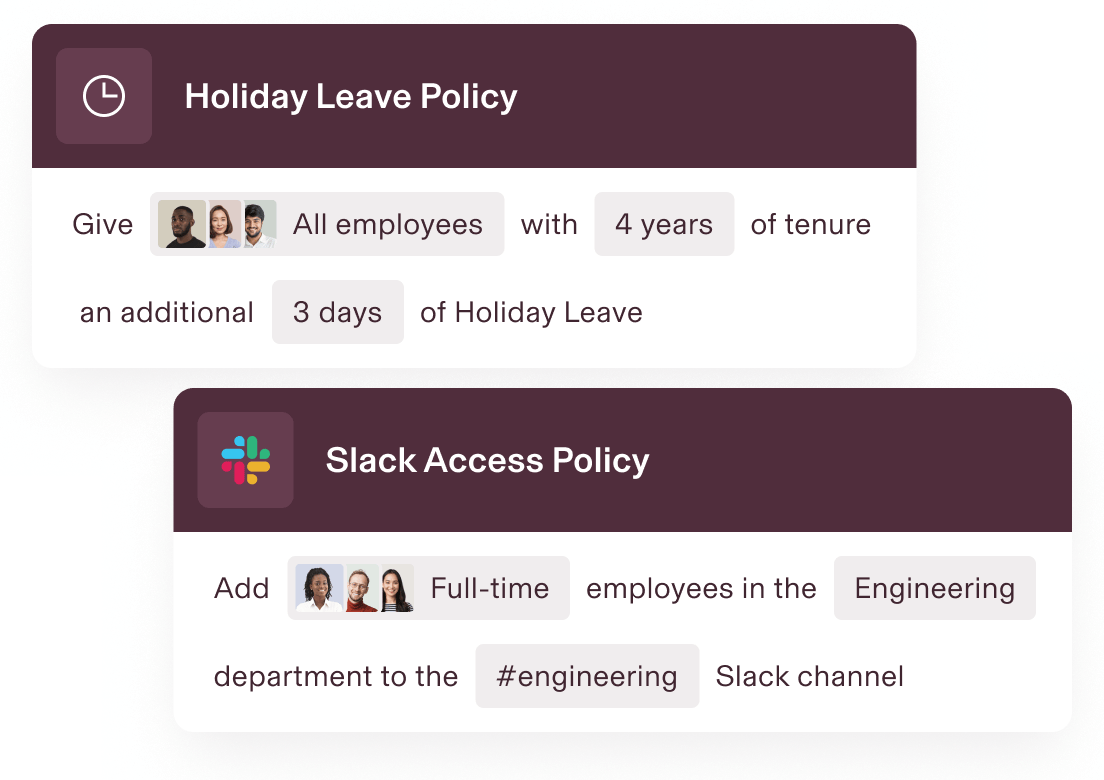 HR policy interface showing Paid Time Off policy for employees with 4 years tenure and Slack access policy for Engineering department.