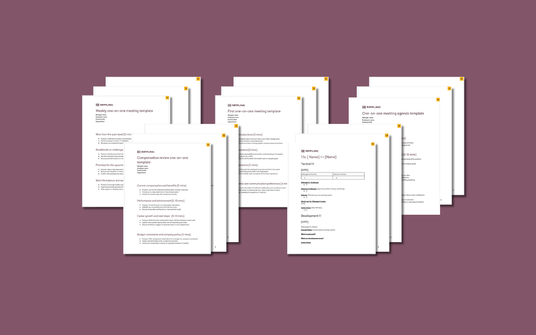 A graphic illustration with four stacks of templates for one-on-one meetings