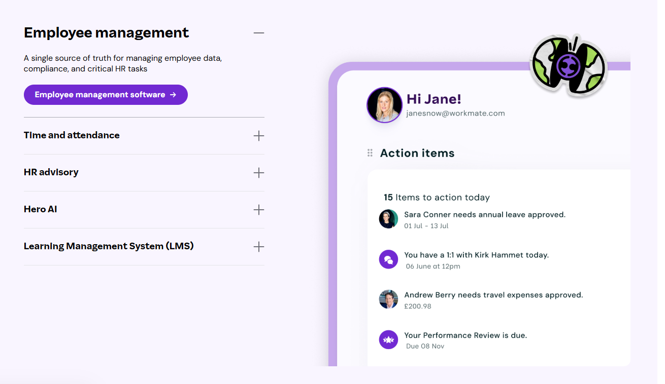 Employee management software interface showing HR menu options and a personalized dashboard with action items and approvals.