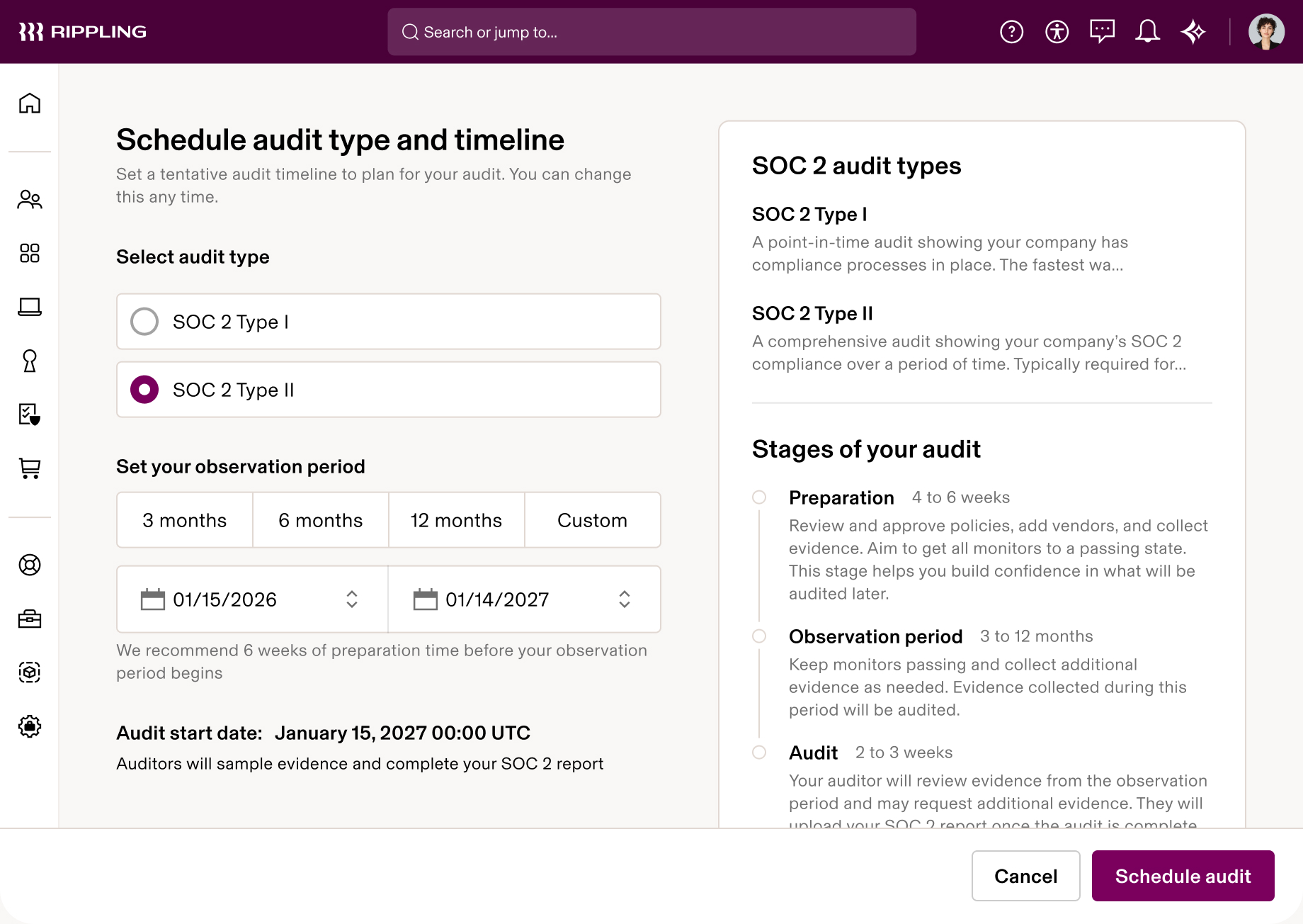 Rippling interface showing SOC 2 audit scheduling page with Type II selected and a 12-month observation period from January 2026-2027.