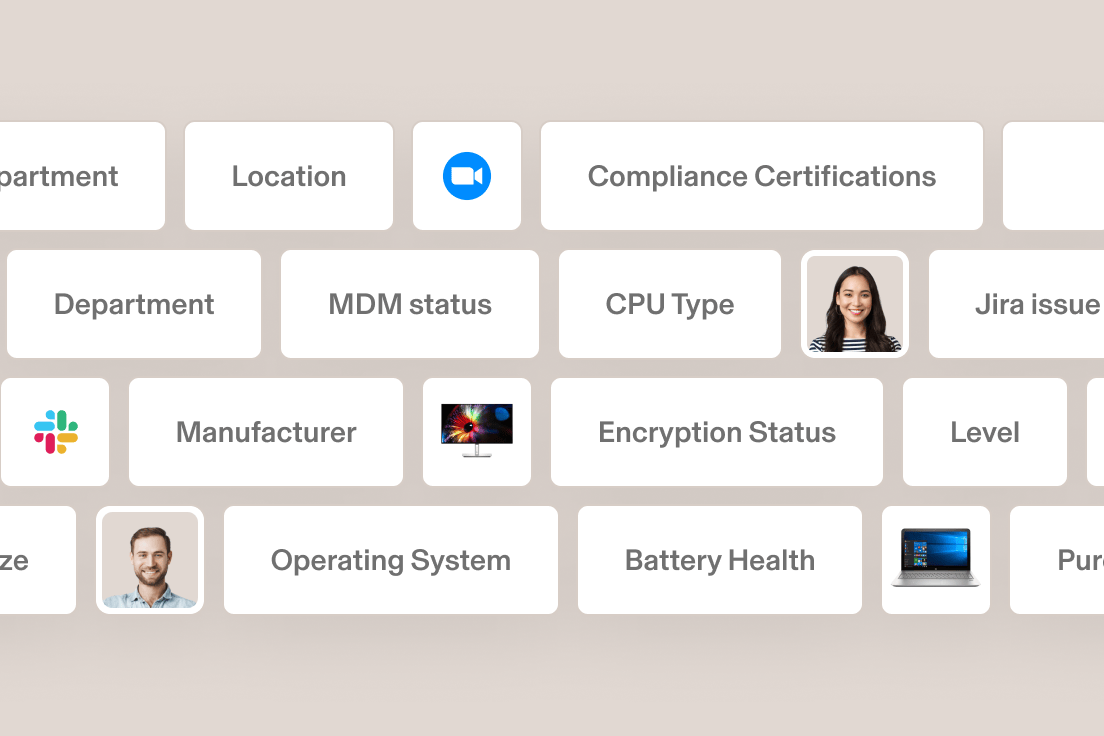 Device management interface showing categories like Department, Location, MDM status, CPU Type, and Encryption Status.