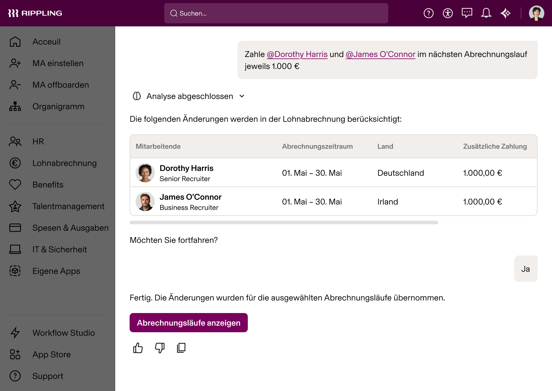 Rippling AI – Lohnabrechnungsänderungen für zwei Recruiter (Dorothy Harris und James O’Connor) im Mai-Abrechnungszeitraum