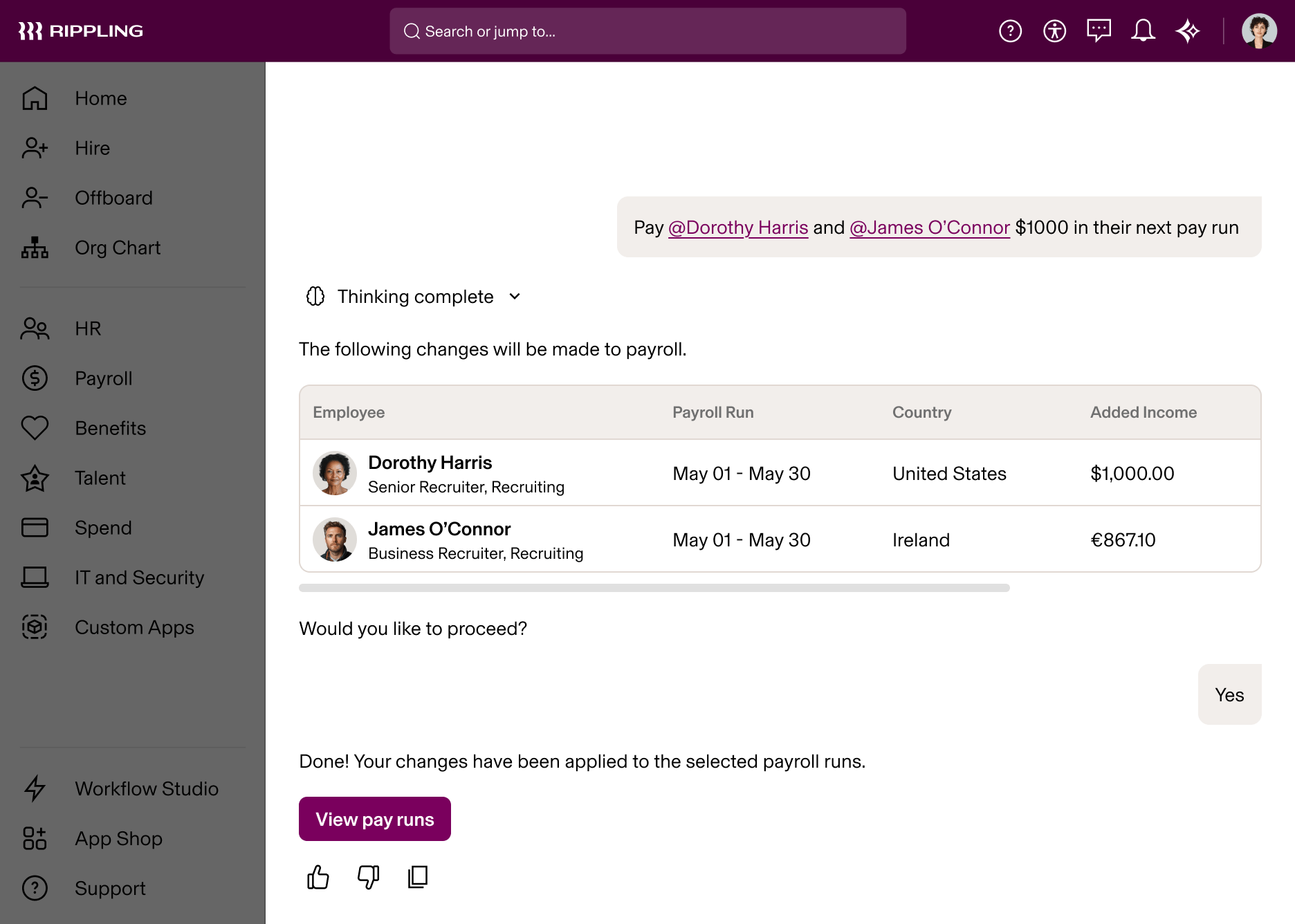 Rippling AI showing payroll changes for two recruiters, Dorothy Harris and James O'Connor, for the May pay period