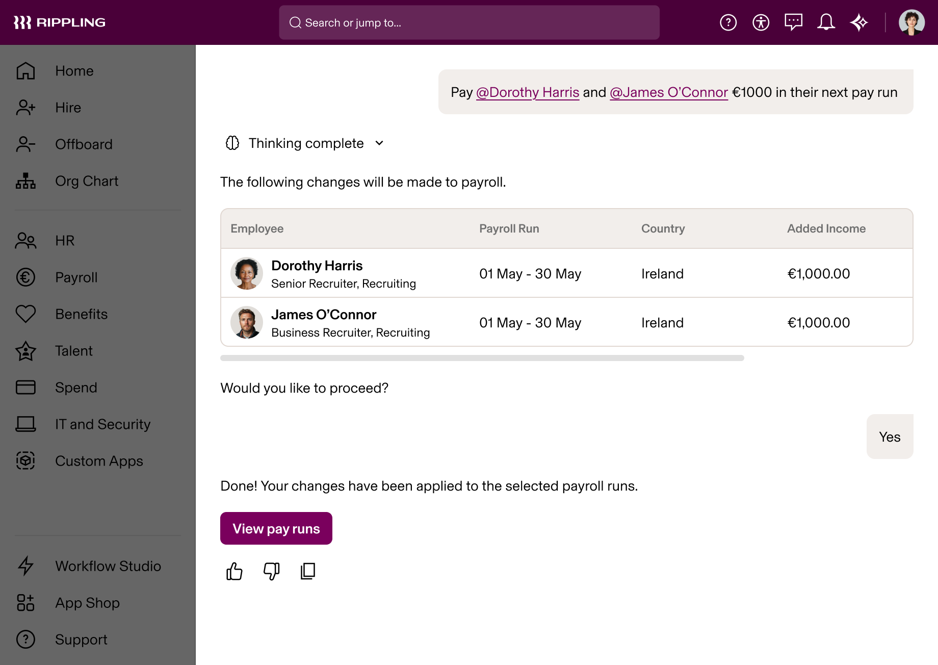 Rippling AI showing payroll changes for two recruiters, Dorothy Harris and James O'Connor, for the May pay period