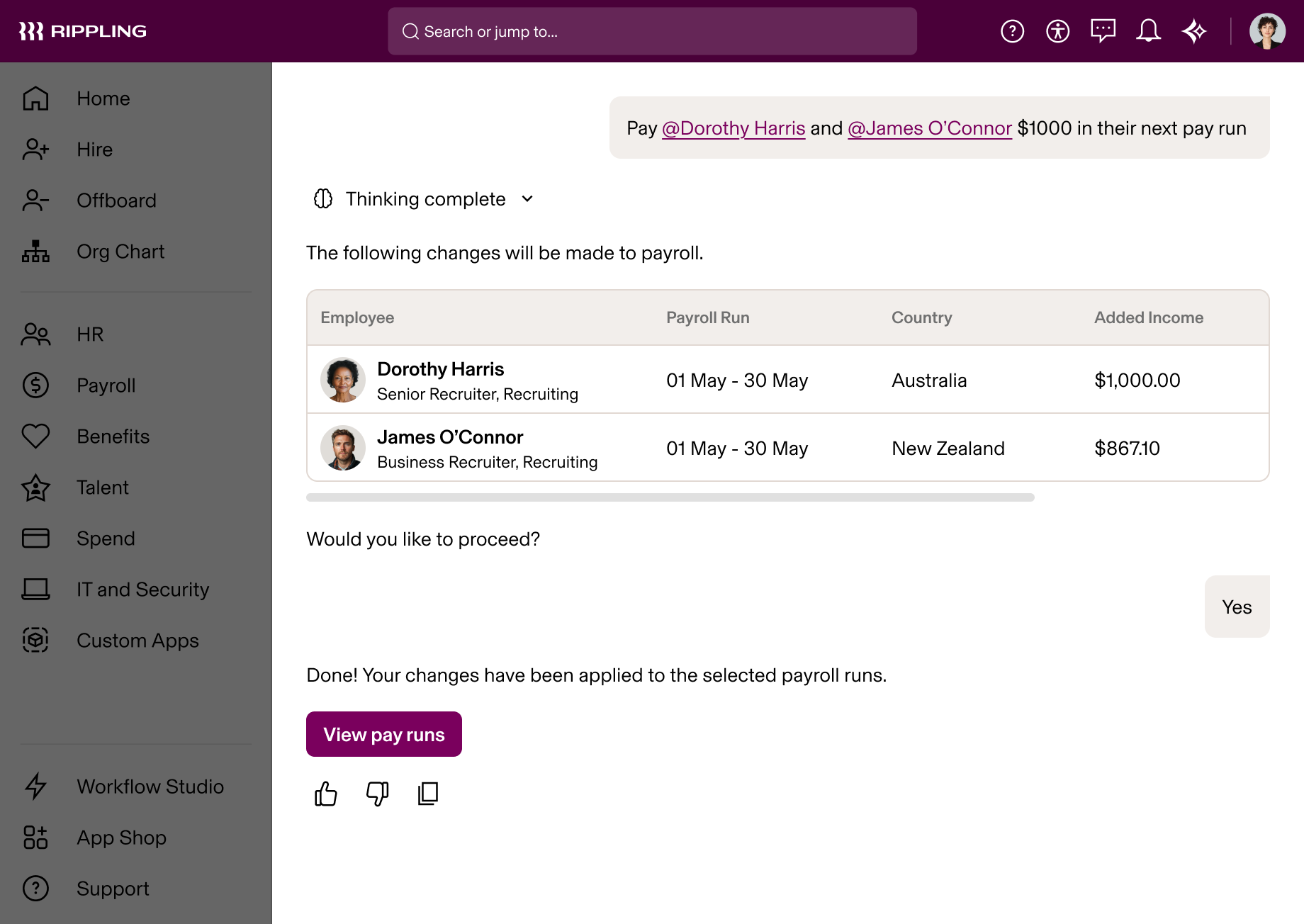Rippling AI showing payroll changes for two recruiters, Dorothy Harris and James O'Connor, for the May pay period