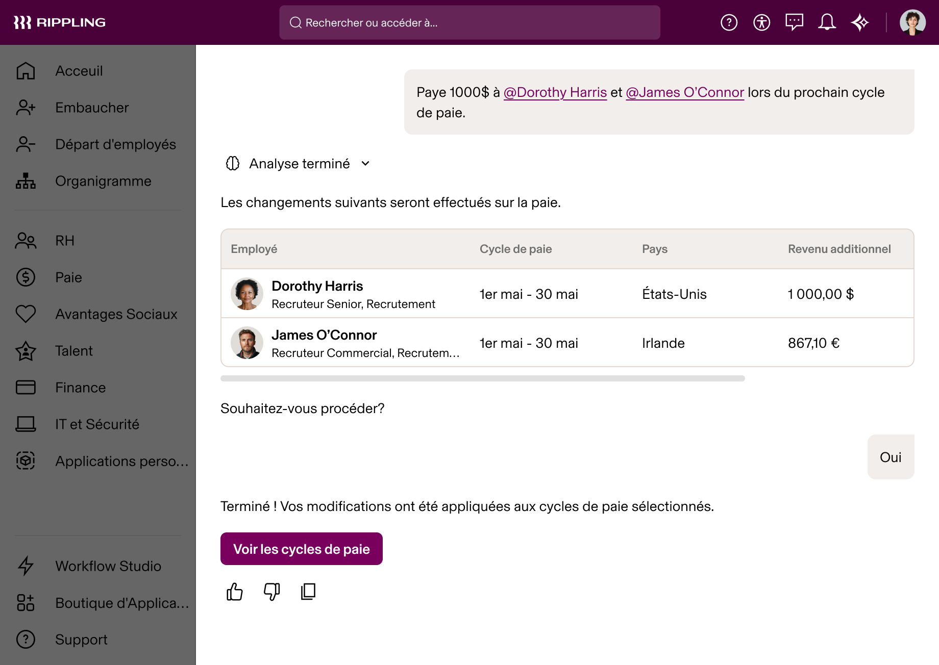 Rippling AI affichant les changements de paie pour deux recruteurs, Dorothy Harris et James O'Connor, pour la période de paie de mai
