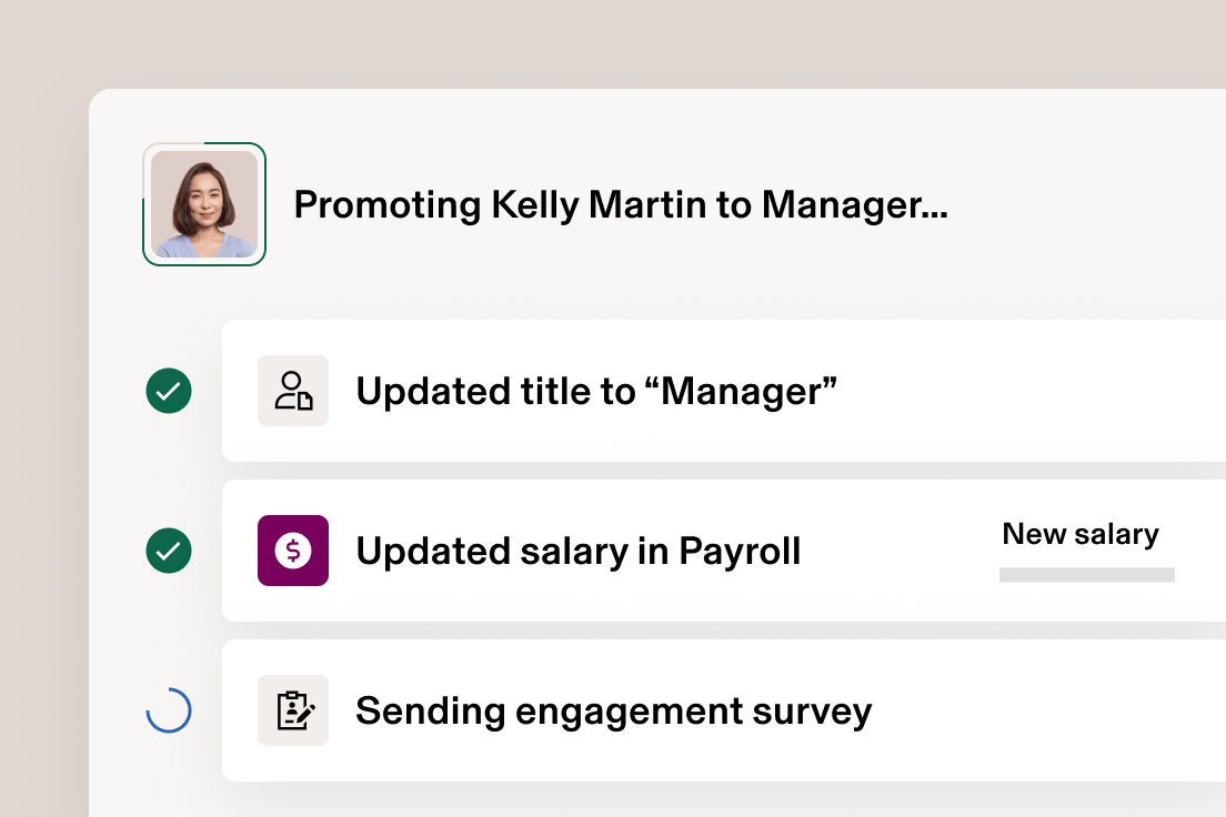 HR system interface showing promotion checklist for Kelly Martin with completed title and salary updates, pending survey.