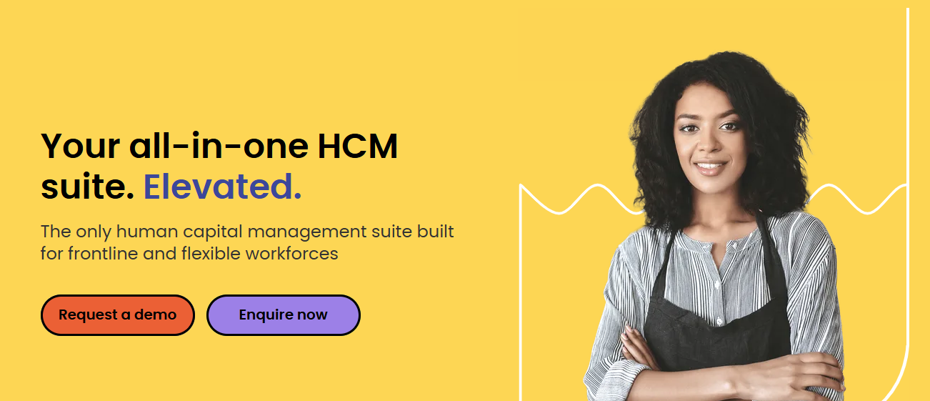 HCM software advertisement with person in apron against bright yellow background, featuring product information and call-to-action buttons.