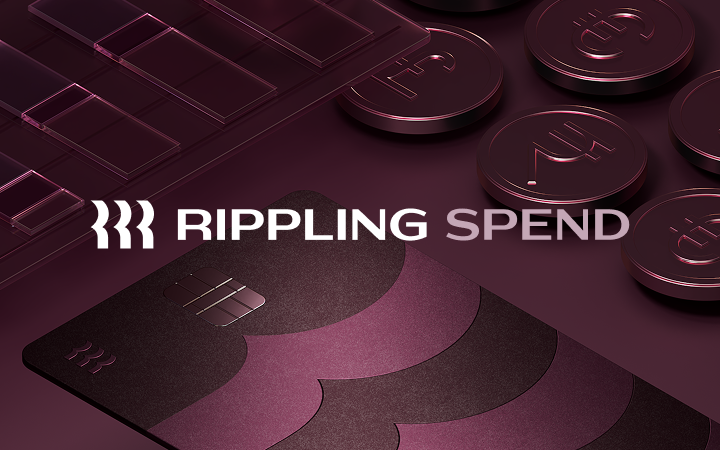 Rippling Spend logo on top of a plum background