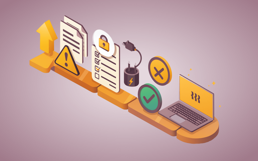 Graphic illustration of a laptop with checklist and compliance warning icons