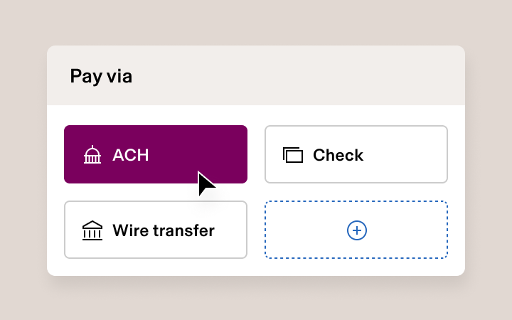 Payment options interface showing ACH (selected in purple), Check, Wire transfer, and an add button for more methods.