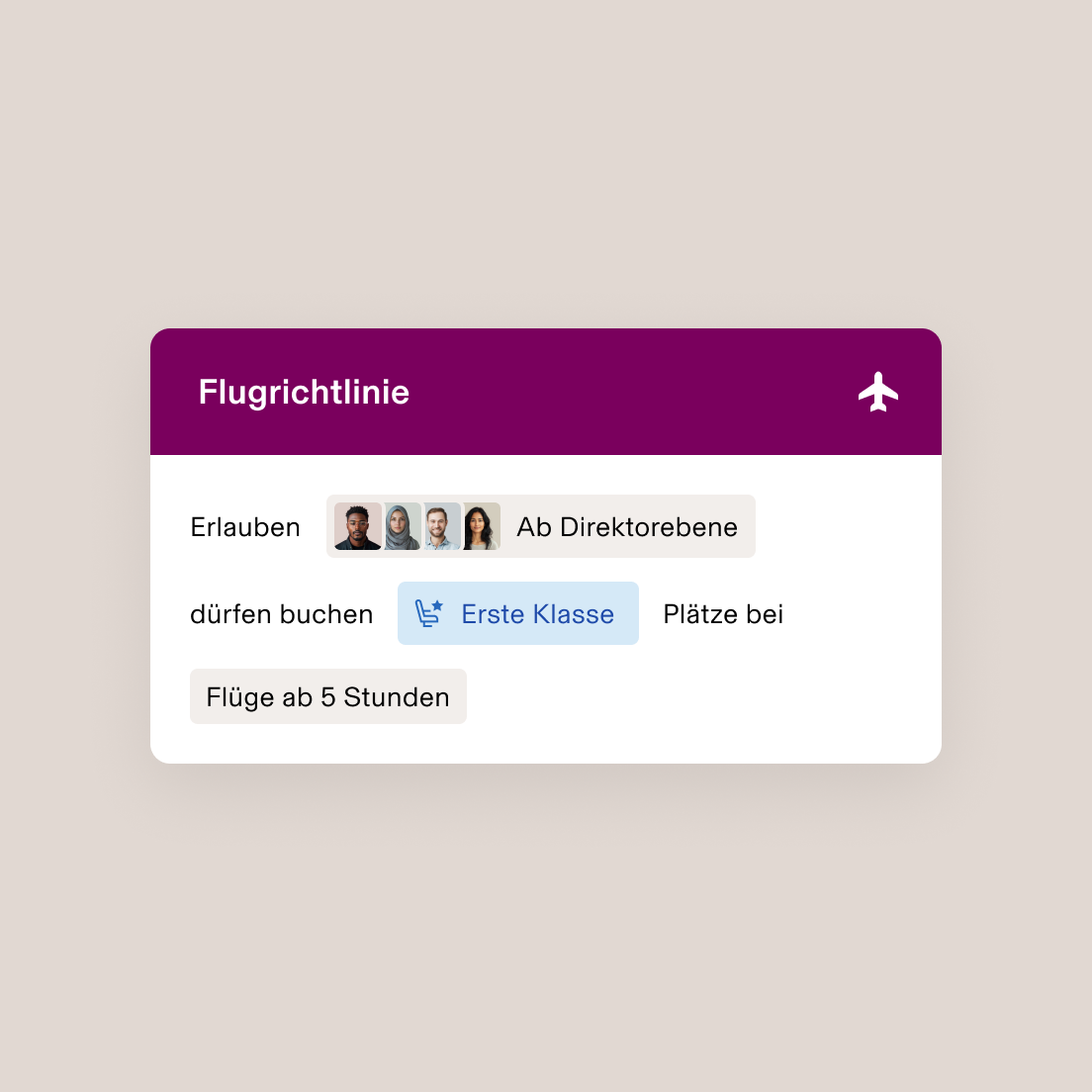 Flight policy interface showing Director Level+ employees can book first class seats on flights 5+ hours long.