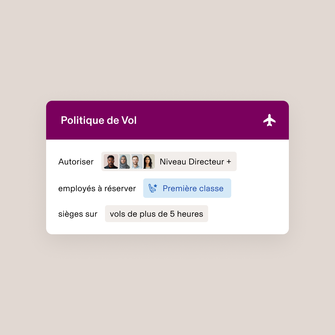 Flight policy interface showing Director Level+ employees can book first class seats on flights 5+ hours long.