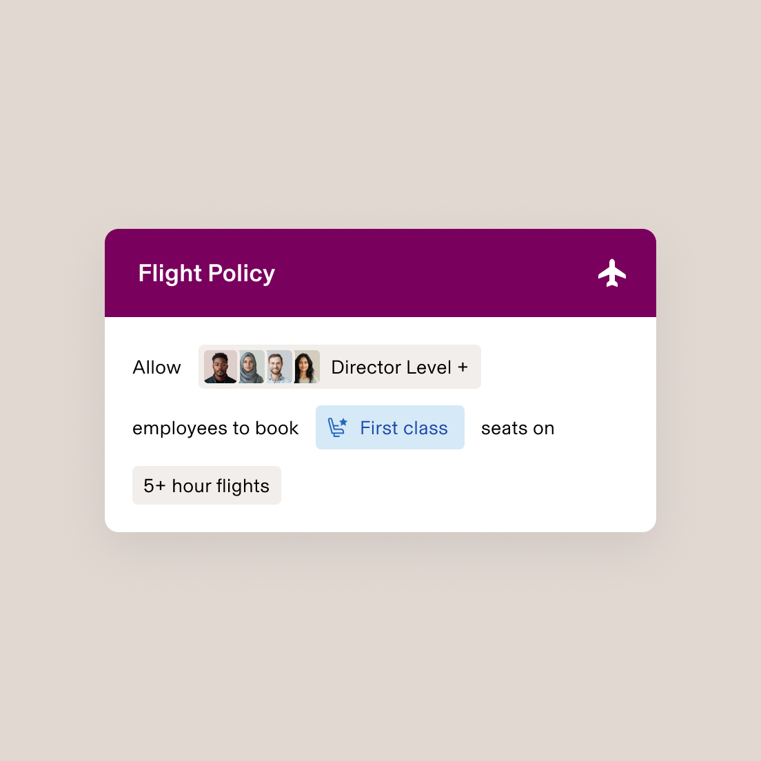 Flight policy interface showing Director Level+ employees can book first class seats on flights 5+ hours long.