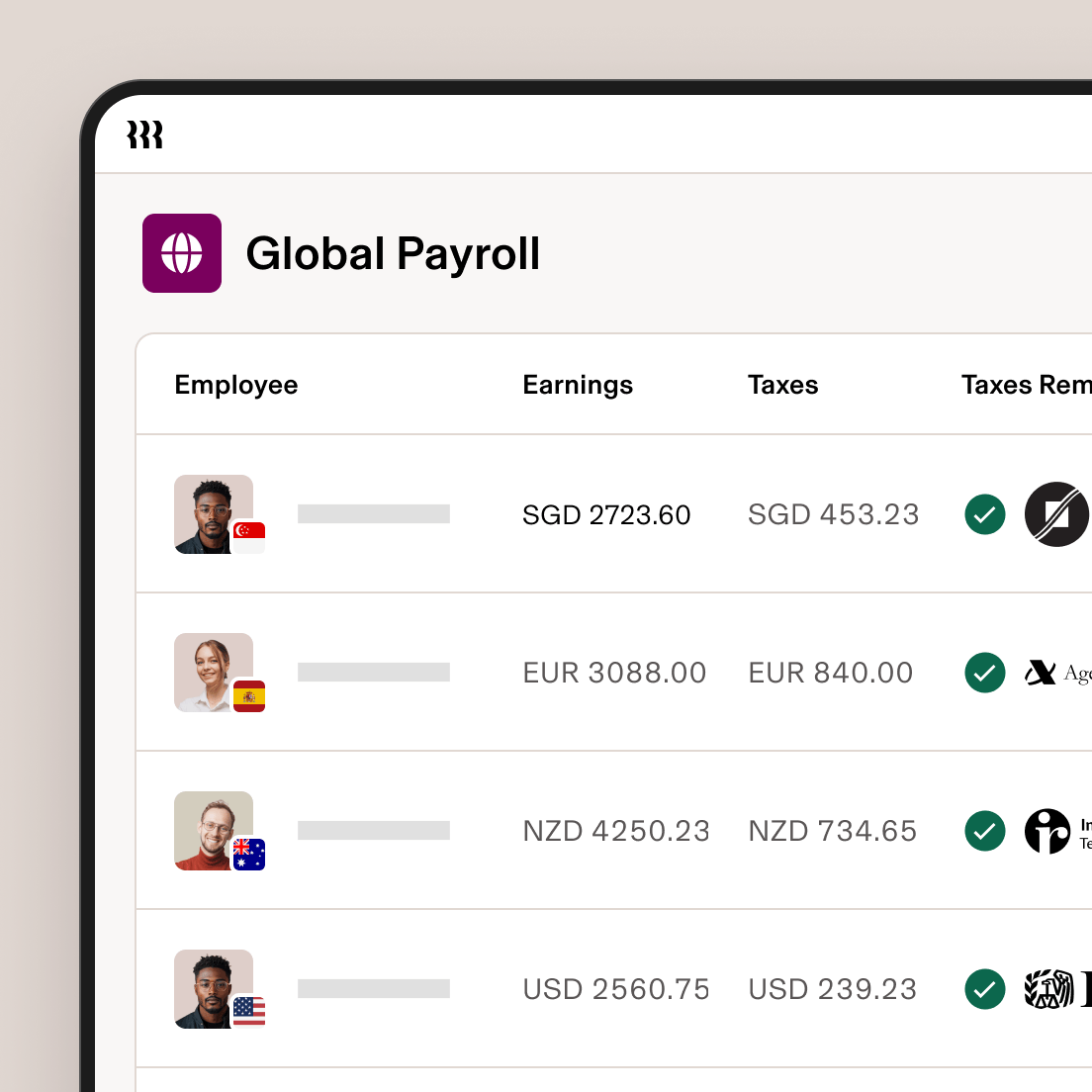 Global payroll dashboard showing employee earnings, taxes and tax remittance status for Singapore, Spain and Australia.