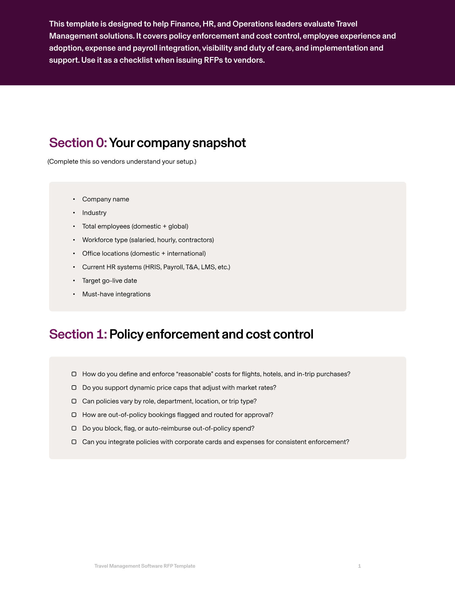 Preview of Rippling's comprehensive Travel Management Software RFP Template.
