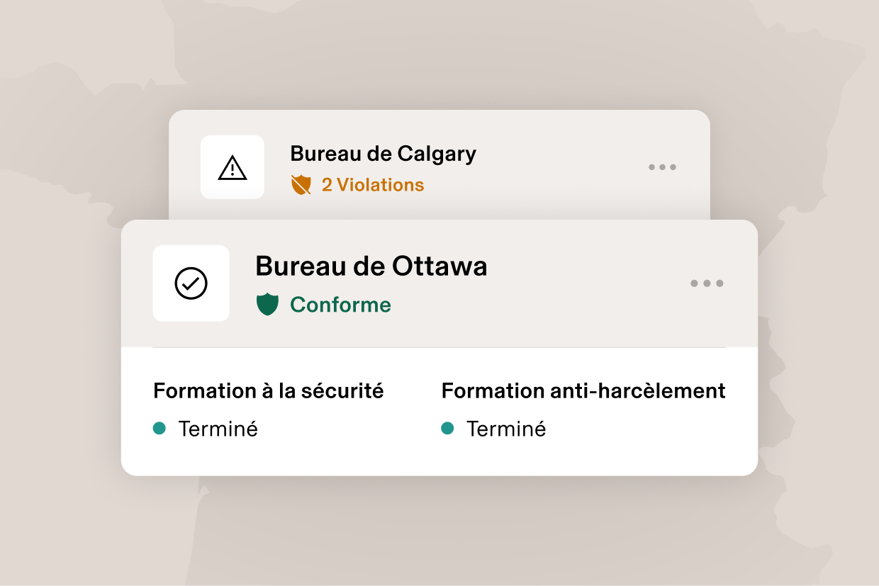 Illustration graphique d’une carte indiquant Orlando, FL avec « 2 violations » et une carte indiquant Los Angeles, CA et « Conforme » pour les formations terminées