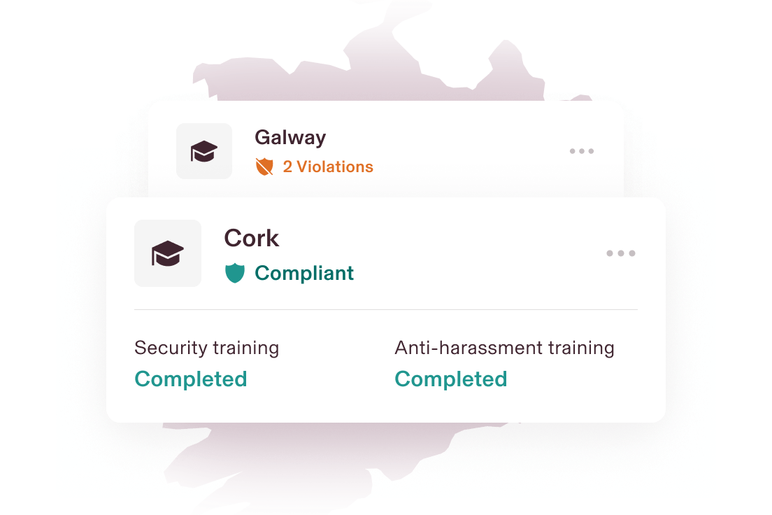 Graphic illustration of a card that says Orlando, FL with "2 violations" and a card that says Los Angeles, CA and "Compliant", for training completed