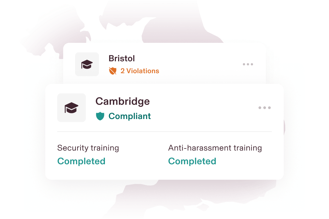 Graphic illustration of a card that says Orlando, FL with "2 violations" and a card that says Los Angeles, CA and "Compliant", for training completed