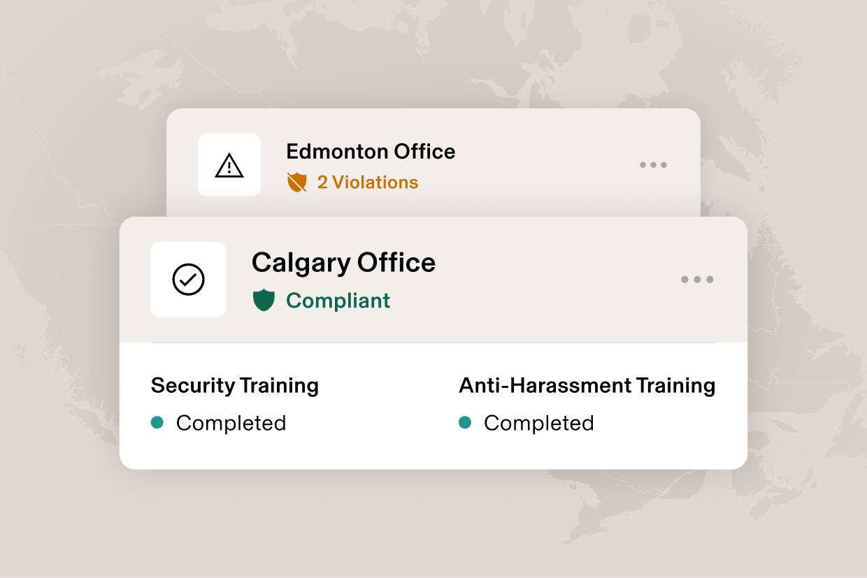 Graphic illustration of a card that says Orlando, FL with "2 violations" and a card that says Los Angeles, CA and "Compliant", for training completed