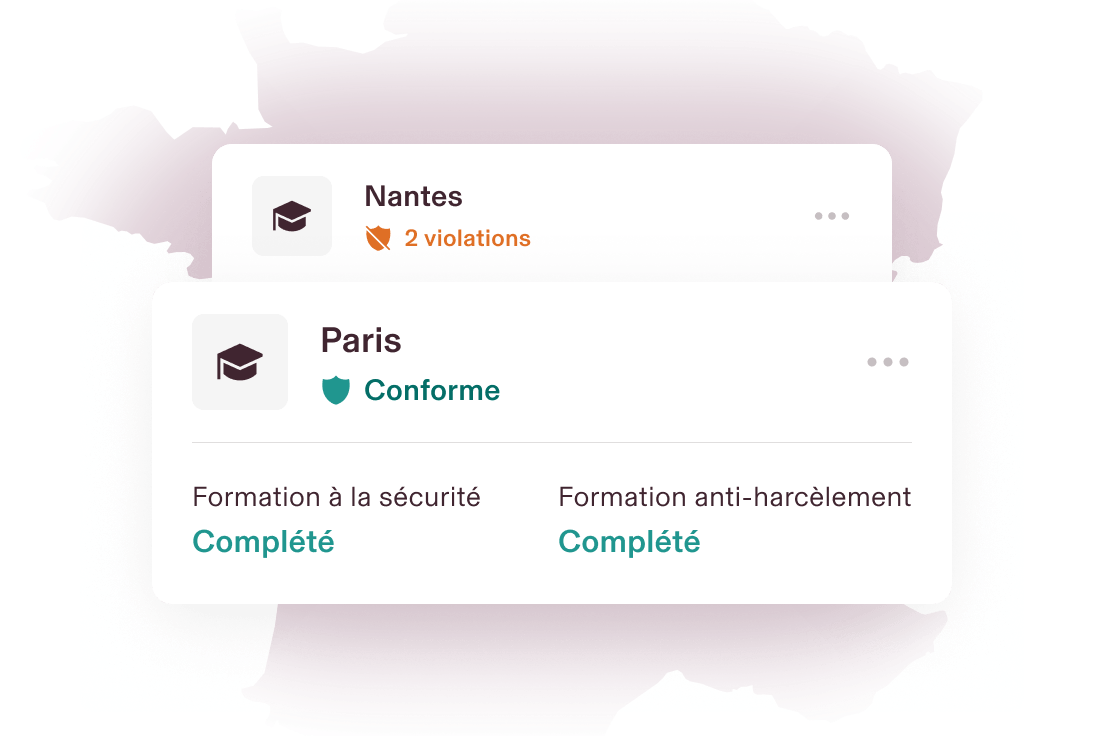 Illustration d’une carte indiquant « Orlando, FL » avec « 2 violations » et d’une carte indiquant « Los Angeles, CA » et « Compliant » (Conforme) pour le suivi des formations