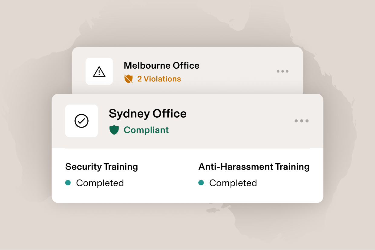 Graphic illustration of a card that says Orlando, FL with “2 violations” and a card that says Los Angeles, CA and “Compliant”, for training completed