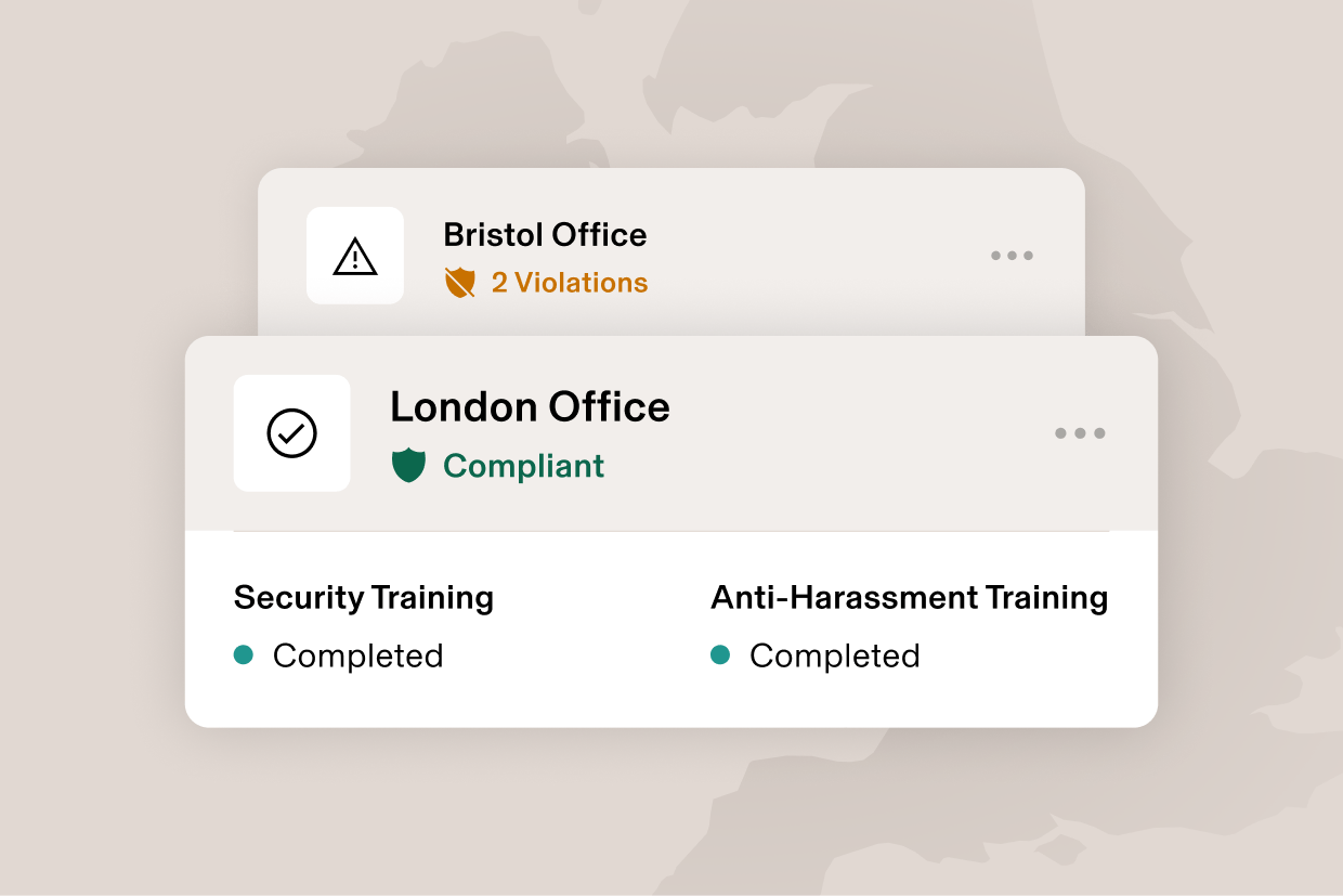 Graphic illustration of a card that says Orlando, FL with “2 violations” and a card that says Los Angeles, CA and “Compliant”, for training completed