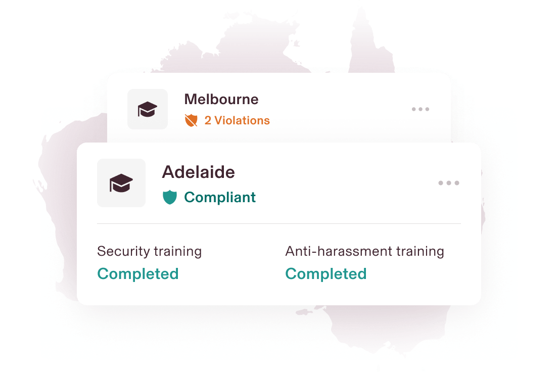 Graphic illustration of a card that says Orlando, FL with “2 violations” and a card that says Los Angeles, CA and “Compliant”, for training completed