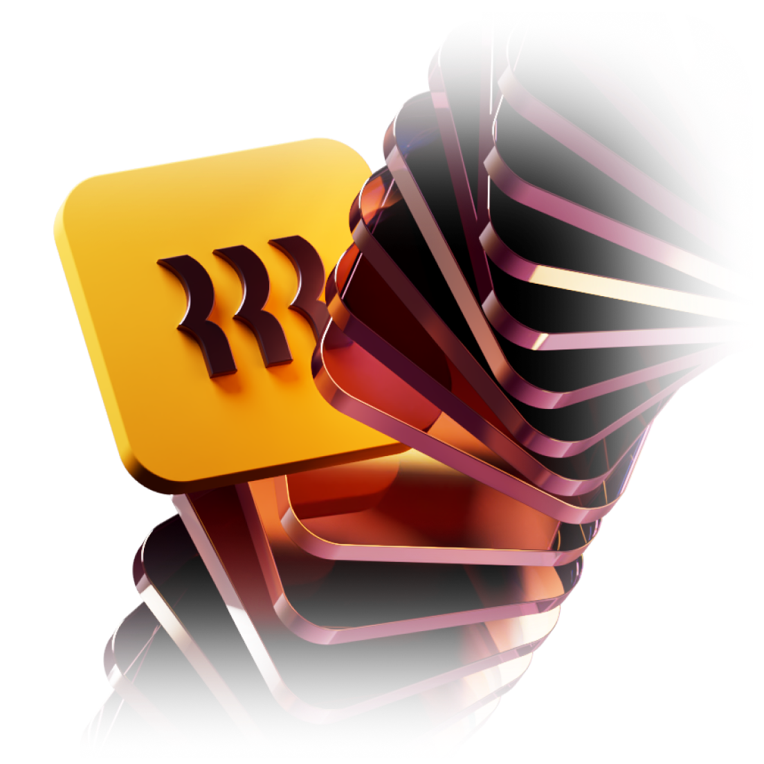 3D graphic showing a yellow square with three curved lines logo alongside abstract layered black and pink shapes.