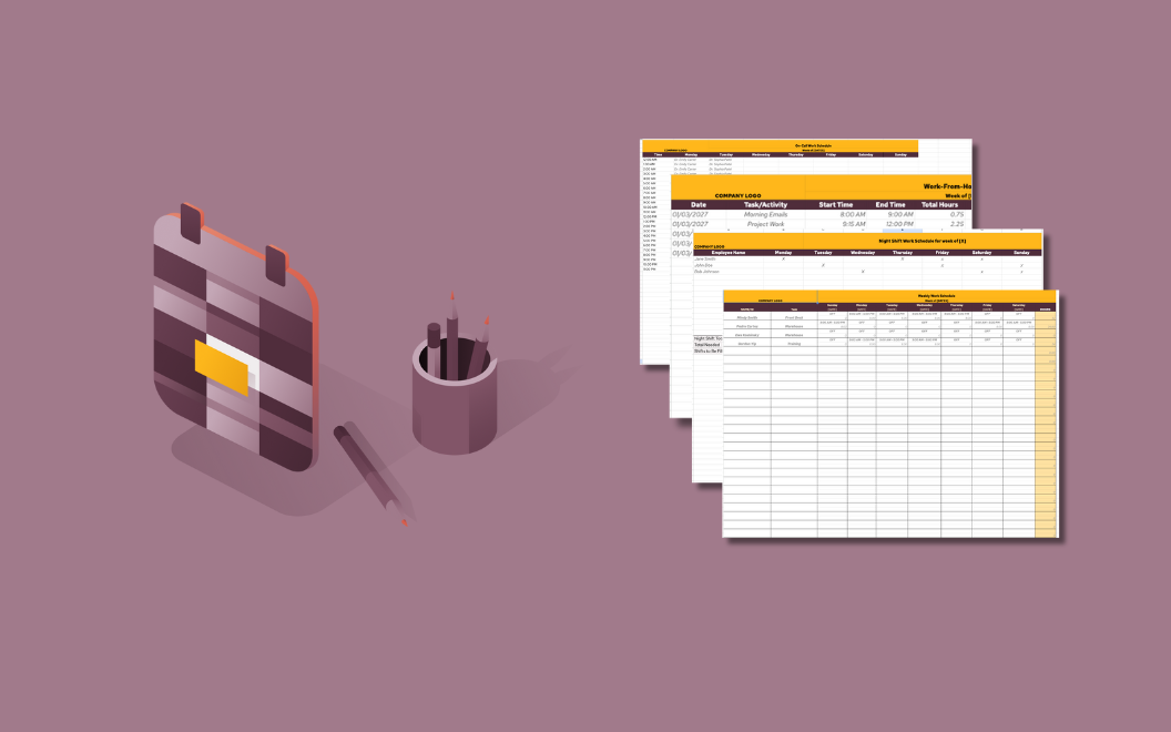 Graphic illustration of a calendar, cup of pencils, and calendar spreadsheets