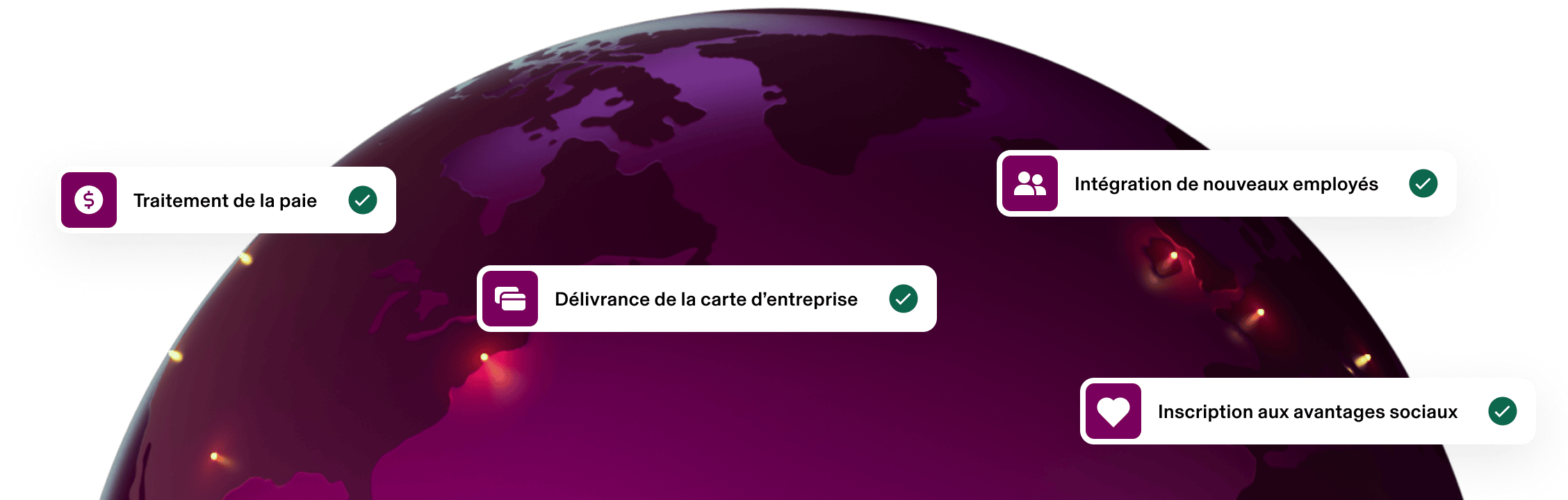 Globe bordeaux avec des étiquettes de processus RH comprenant l’accueil et intégration, la paie, l’émission de cartes d’entreprise et l’inscription aux avantages sociaux.