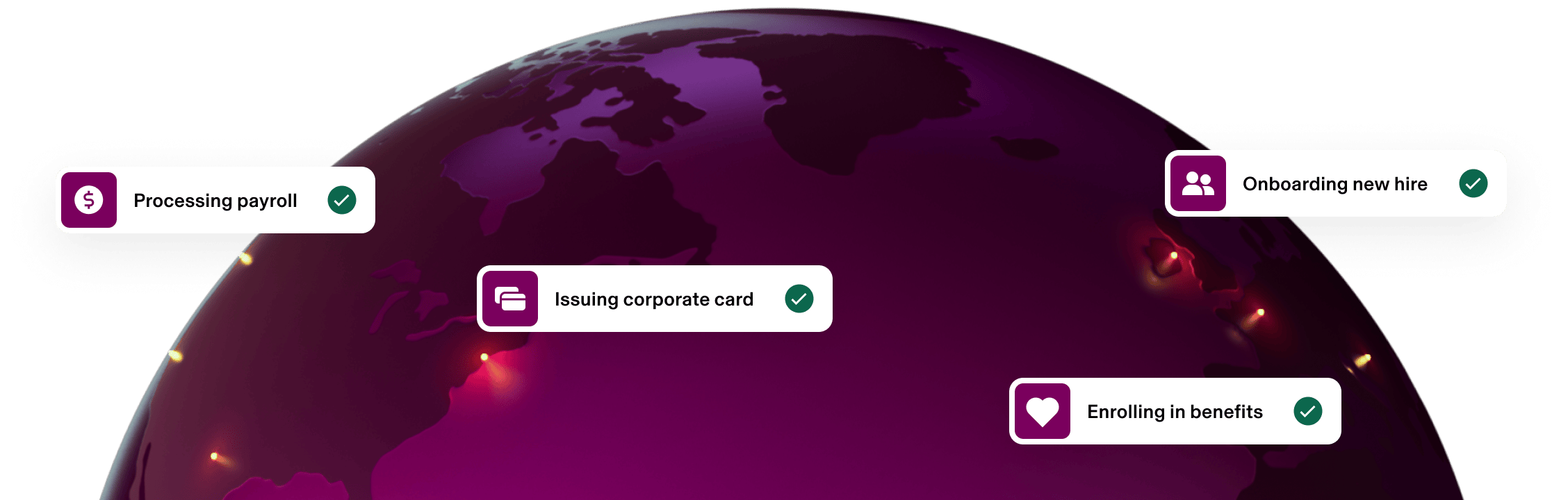 Globe with HR and Payroll process labels including Processing payroll, Issuing corporate card, Enrolling in benefits, and Onboarding new hire.