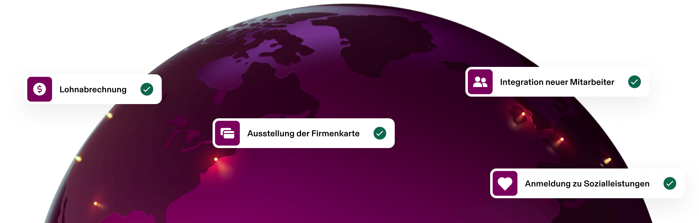 Rotbrauner Globus mit HR-Prozessphasen wie Onboarding, Entgeltabrechnung, Ausgabe der Firmenkreditkarte und Leistungsanmeldung.