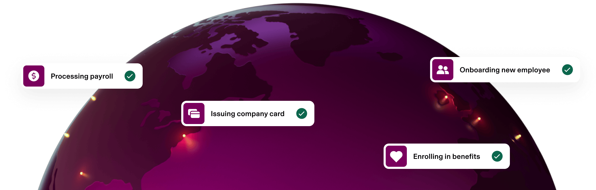 Maroon globe with HR process labels including onboarding, payroll, company card issuance and benefits enrolment.